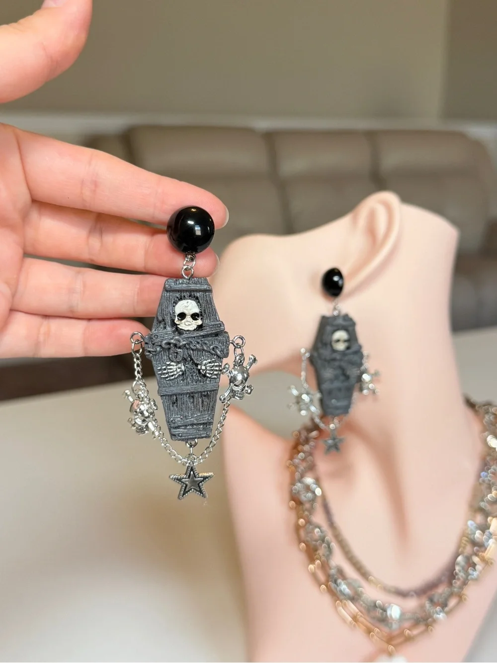 Black Gothic Coffin & Skull Drop Earrings